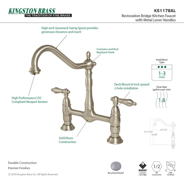 KS1178AL Heritage Bridge Kitchen Faucet, Brushed Nickel